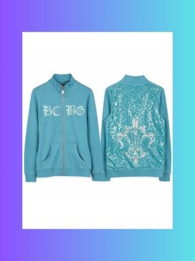 BCBGMaxAzria Teal Blue Sequin Back Zip-Up Sweatshirt